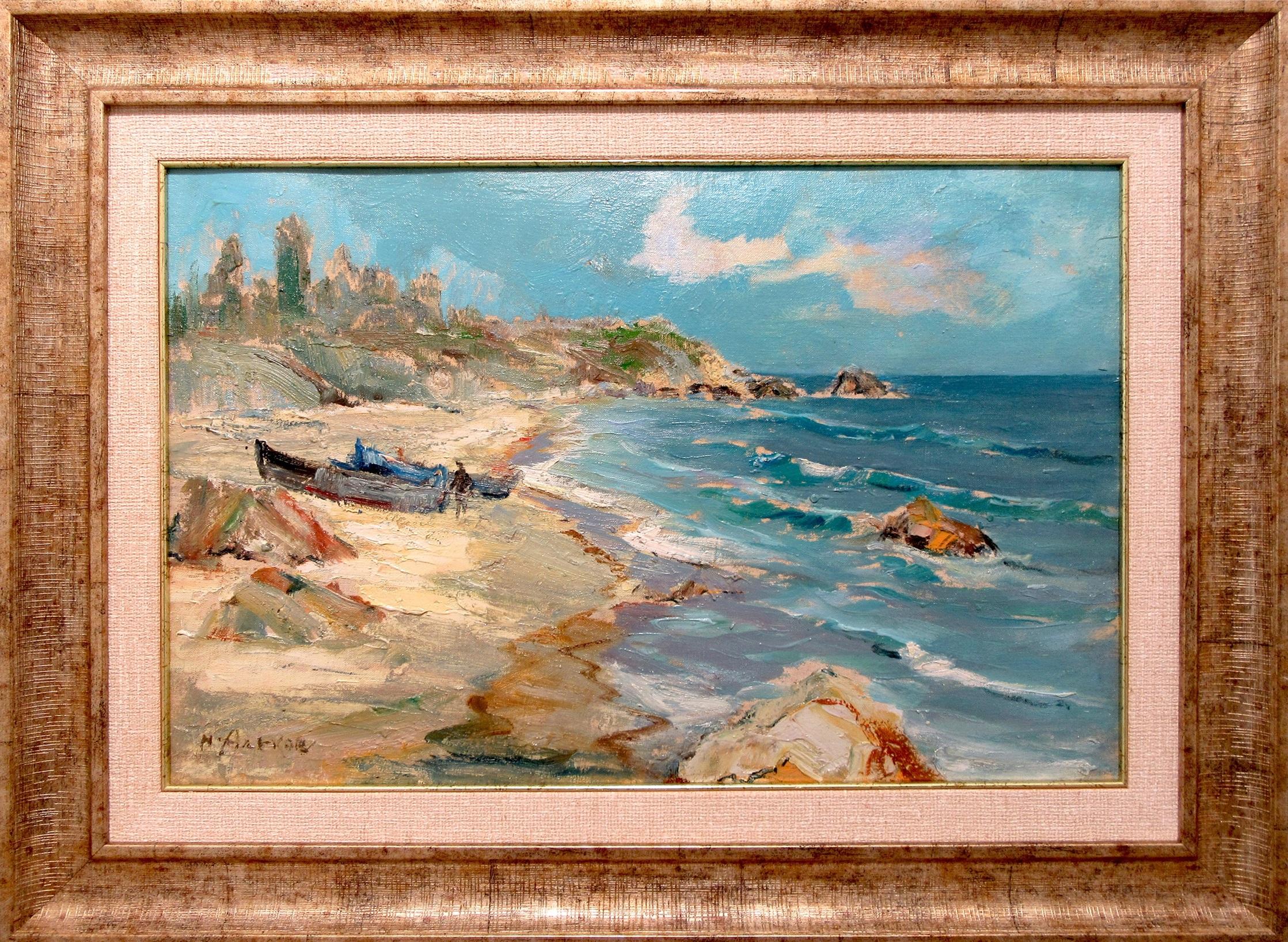 Бряг с две лодки и една фигура